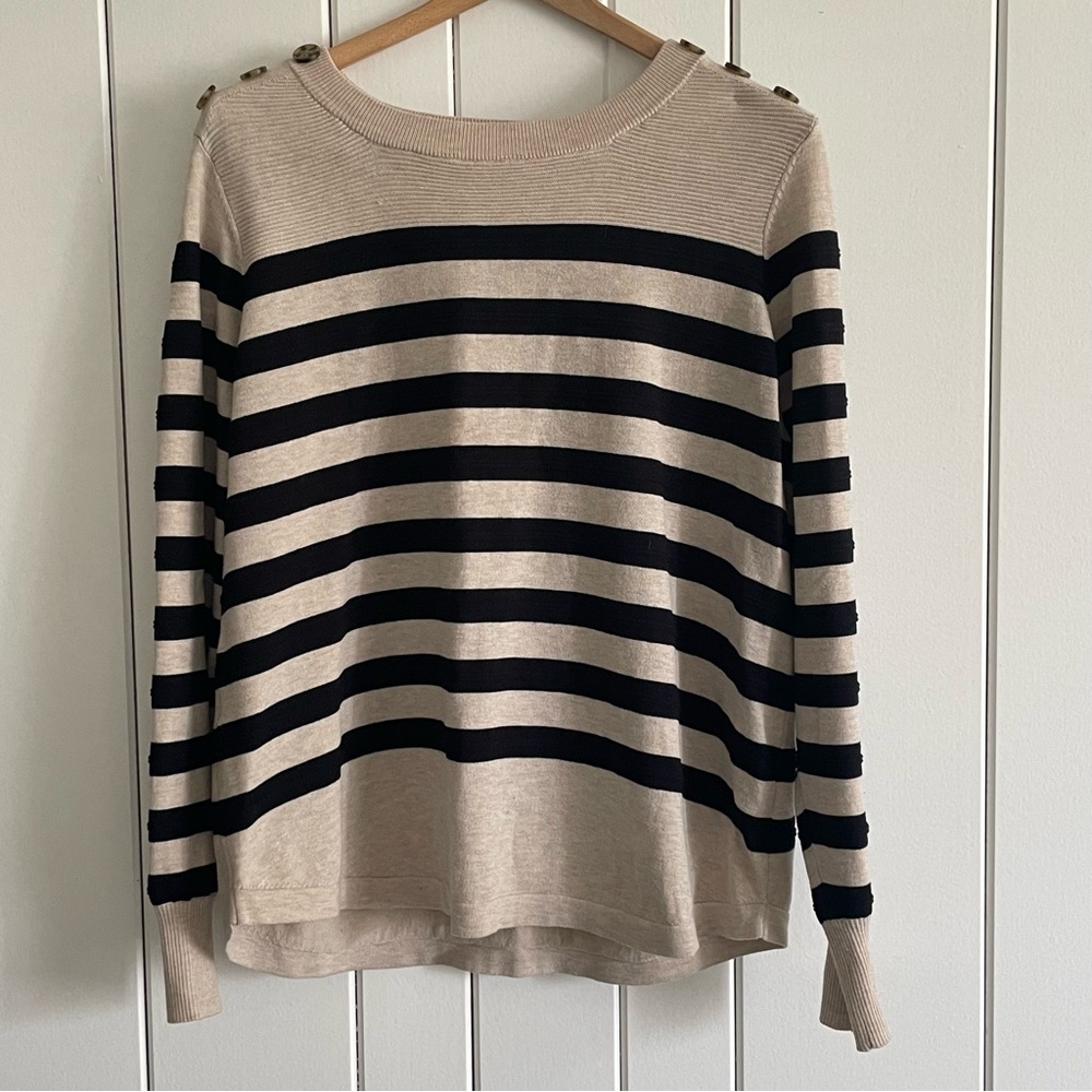 $10 SALE Neutral Striped Lightweight Sweater Knit Top Shoulder Button Accents - Picture 9 of 9